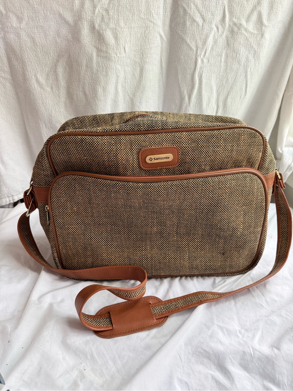 Samsonite Brown and Tan Woven Messenger Bag with Leather Trim